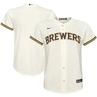 youth nike cream milwaukee brewers home replica team jersey